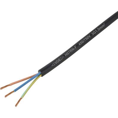 En sort elektrisk kabel med tre blottede kobbertråde, farvekodede i brun, blå og grøn/gul, mærket '450/750V 3G1.5mm²'.