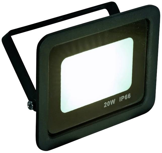 En sort LED-projektør med påskriften '20W IP66' viser sin lysende forside. Egnet til udendørs brug.
