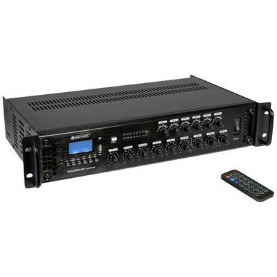 Sort audiomixer med flere betjeningsknapper og LED-indikatorer, med en fjernbetjening til højre. Et LCD-display er placeret til venstre for mixeren.