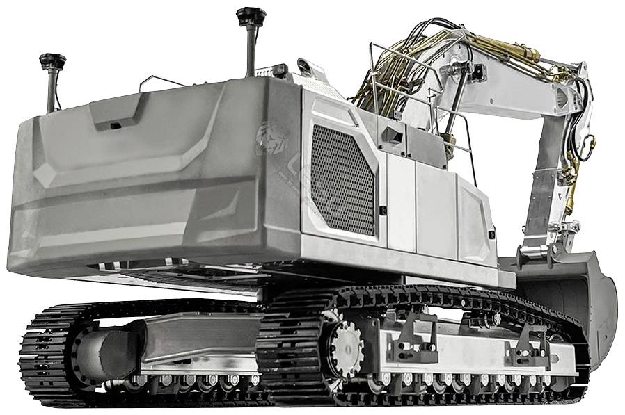 Sølvfarvet gravemaskine med kæbredrift står på en glat overflade. Armen er løftet, og hoveddelen vender mod højre.