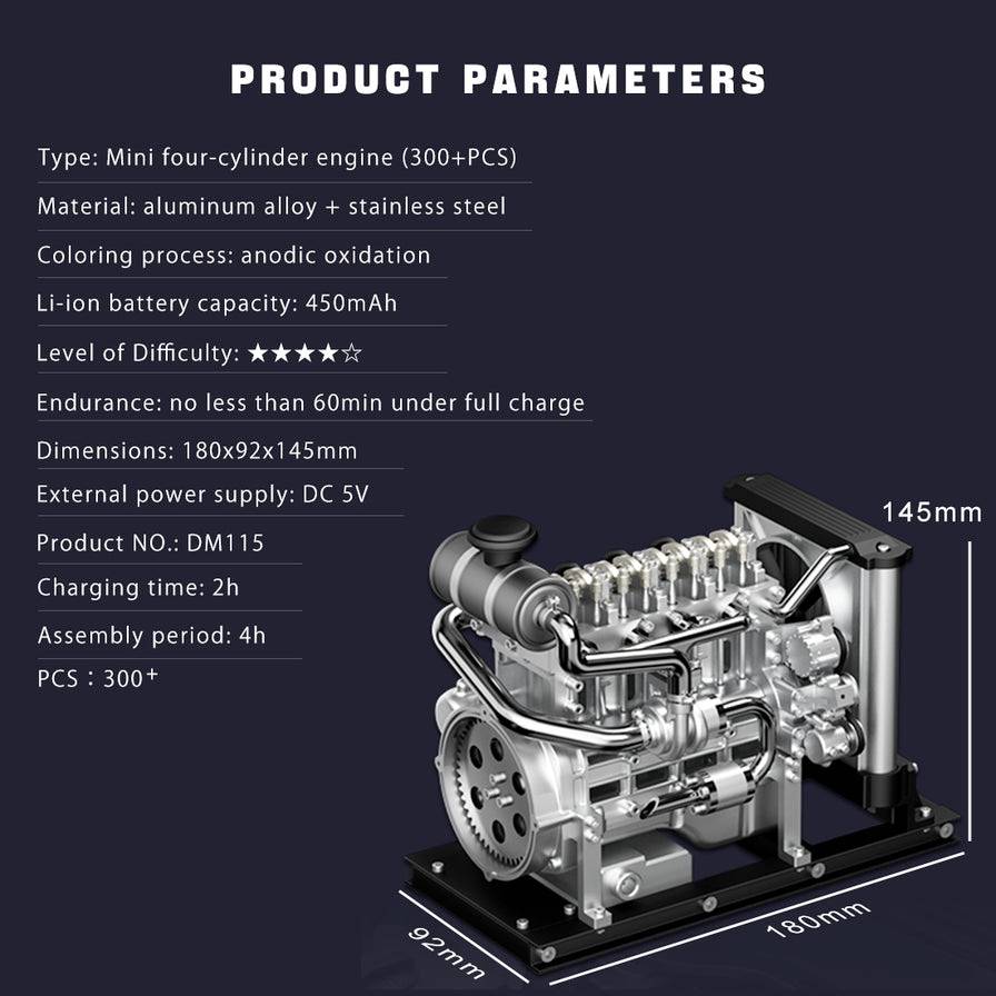 Produktparametre for en Mini-Firecylinder Motor: Aluminiumlegering, elokseret, 450mAh Li-Ion-batteri, 180x92x145mm.