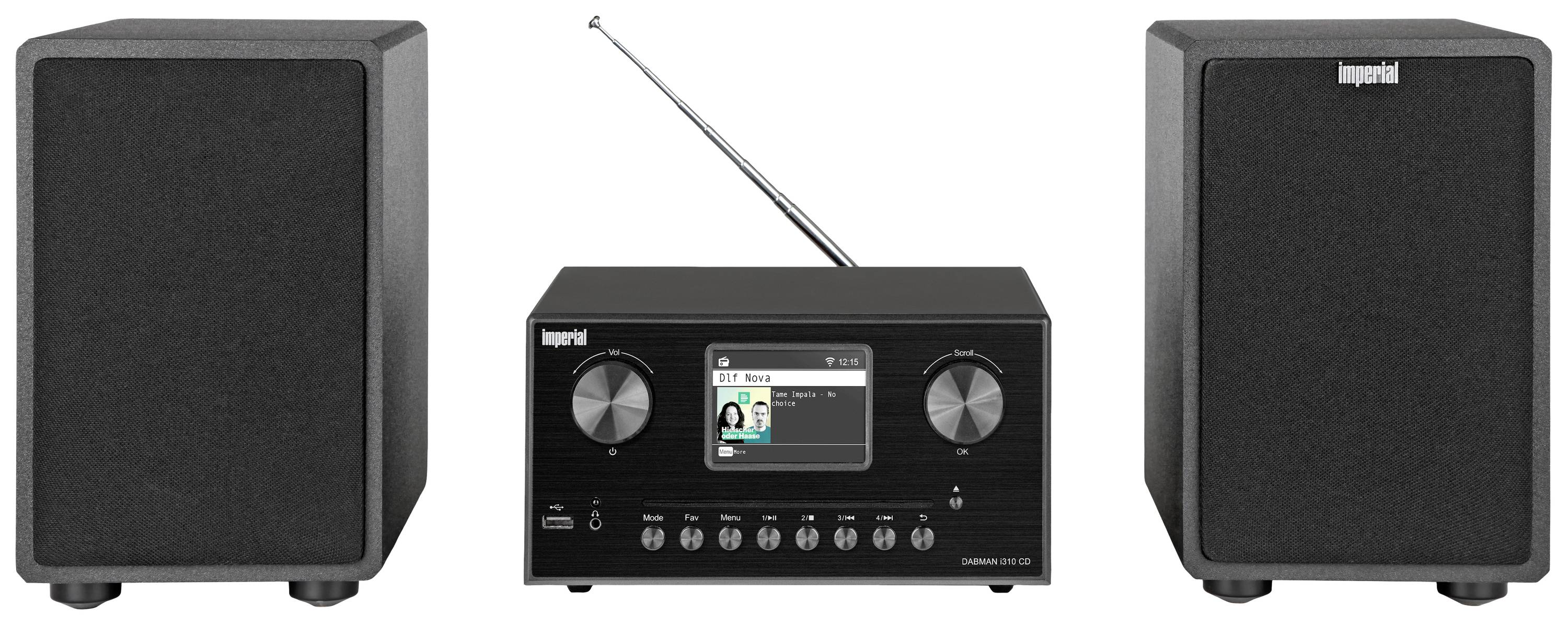 Et sort digitalradio med to højttalere, et display i midten med senderinformation, og to store drejeknapper på forsiden.