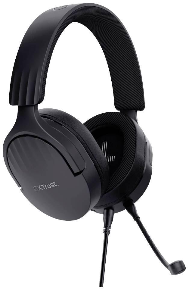 Sort over-ear headset med mikrofon, egnet til gaming eller telefonopkald. Mærkning viser 'Trust'-logo på ørekappen.