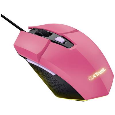 Rosa, kablet gaming-mus med 'Trust GXT' logoet, ergonomisk design, knapper og scrollhjul øverst.