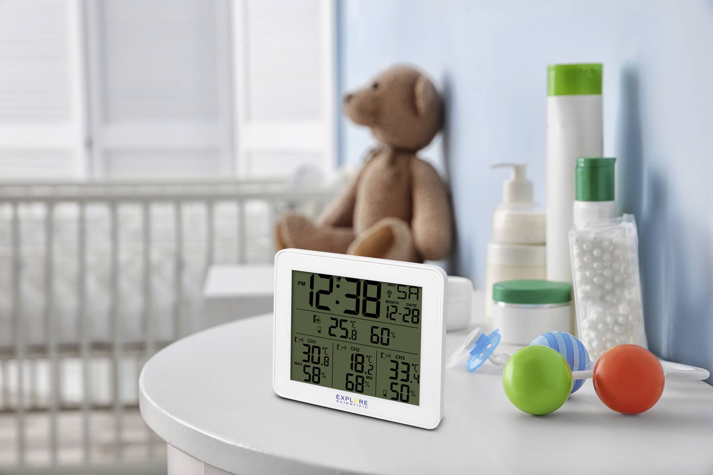 Et bord i et børneværelse med badeartikler, legetøj og et digitalt termometer, der viser temperatur og luftfugtighed. I baggrunden en uskarp bamse.