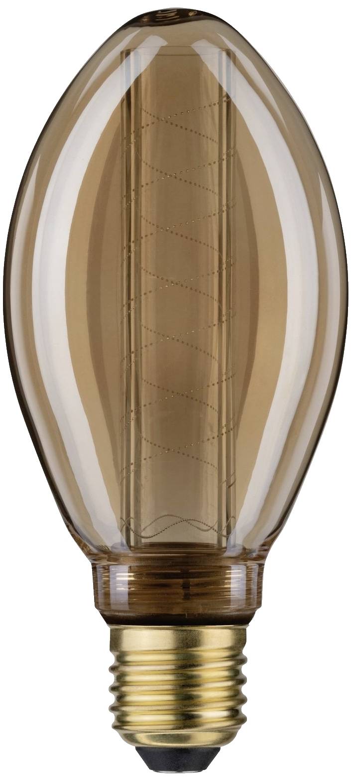 Retro glødepære med varmt LED-filament i dråbeform, guldfarvet glas, E27 sokkel. Ideel til dekorativ belysning.