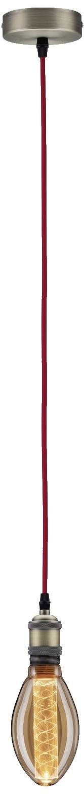 Pendullampe med rødt kabel og fatning i rustfrit stål, som holder en glødepære med synligt glødetråd. Minimalistisk design.