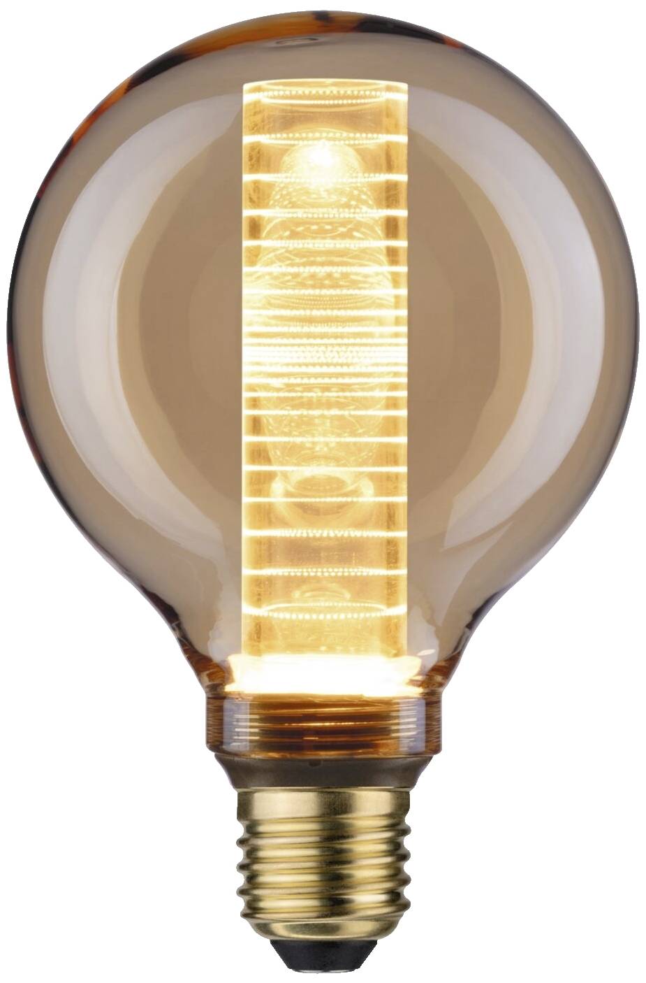 Glødepære med varmt, lysende filament, kugleformet klart glas og messingsokkel.