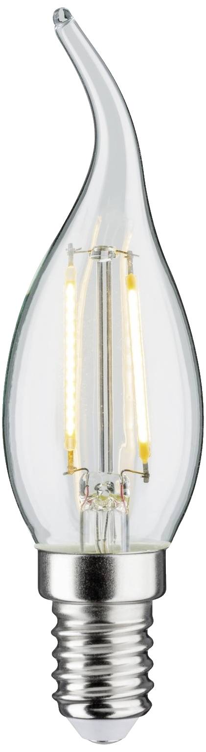 En klar LED-pære i dråbeform med synlig glødetråd og metalmontering, der symboliserer energieffektivitet og moderne design.