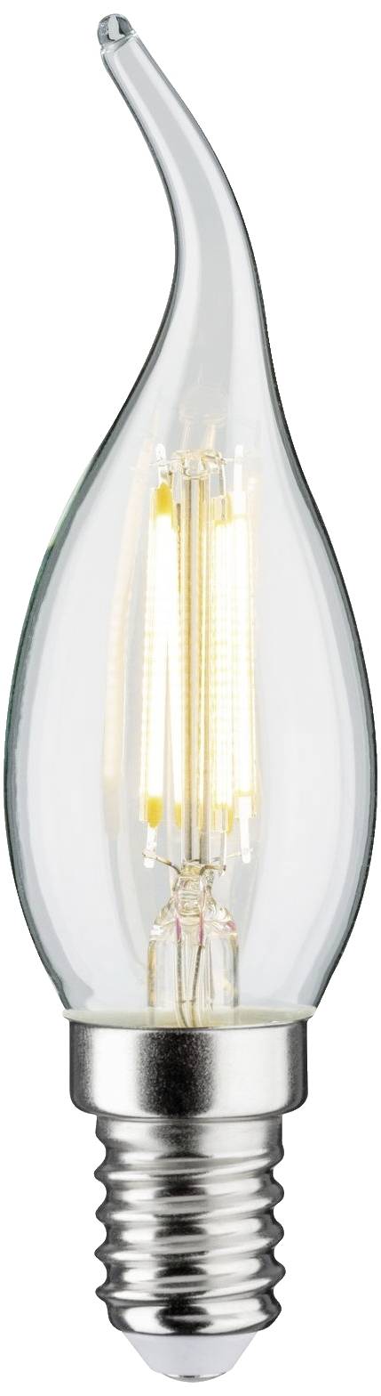 En dråbeformet LED-pære med Edison-gevind. Filamenterne er synlige og lyser i varmt hvidt lys.