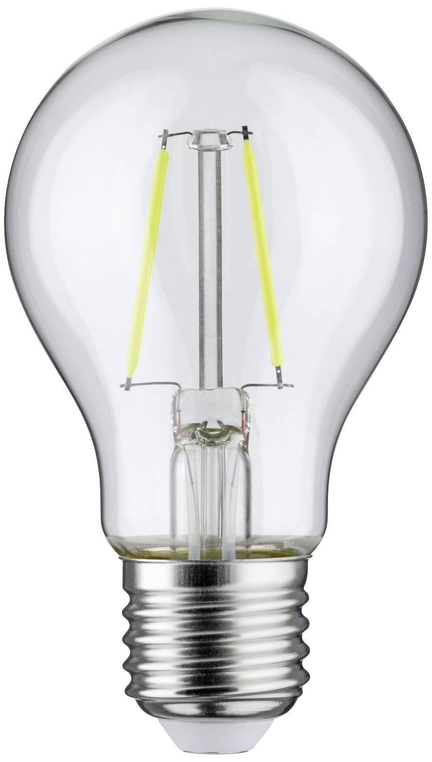 En LED-pære med synligt filament og skruesokkel. Den udsender klart lys og er energieffektiv.