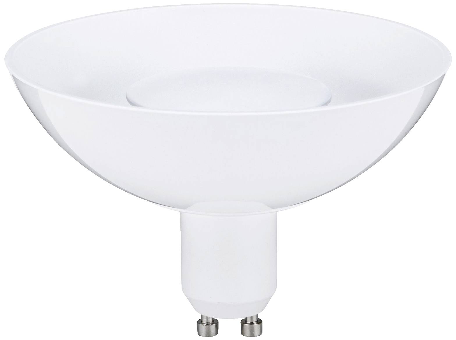 En hvid LED-lampe med bred, rund reflektor og GU10-sokkel, egnet til armaturer med tilsvarende tilslutning.