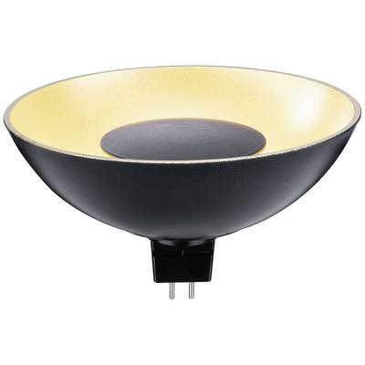 Sort LED-lampe i form af en flad skål, med guldfarvet indvendig side og bipolar stik. Egnet til dekorativ belysning.
