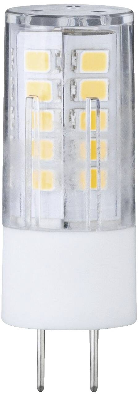 En LED-pære med G9-sokkel viser talrige lysende dioder, der udsender varmt hvidt lys. Ideel til energieffektiv belysning.