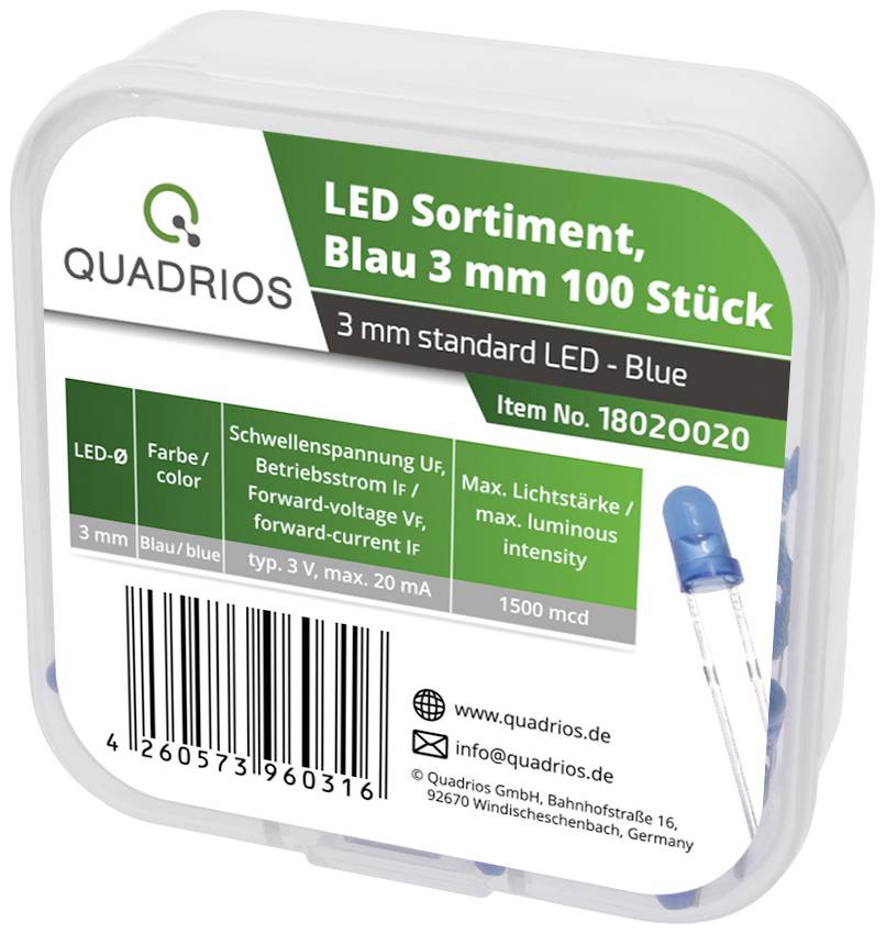 'LED Sortiment, Blå 3 mm, 100 stk. 3 mm Standard LED – Blå. Type: 3 V, maks. 20 mA. Maks. lysstyrke: 1500 mcd. Varenr.: 18020020.'