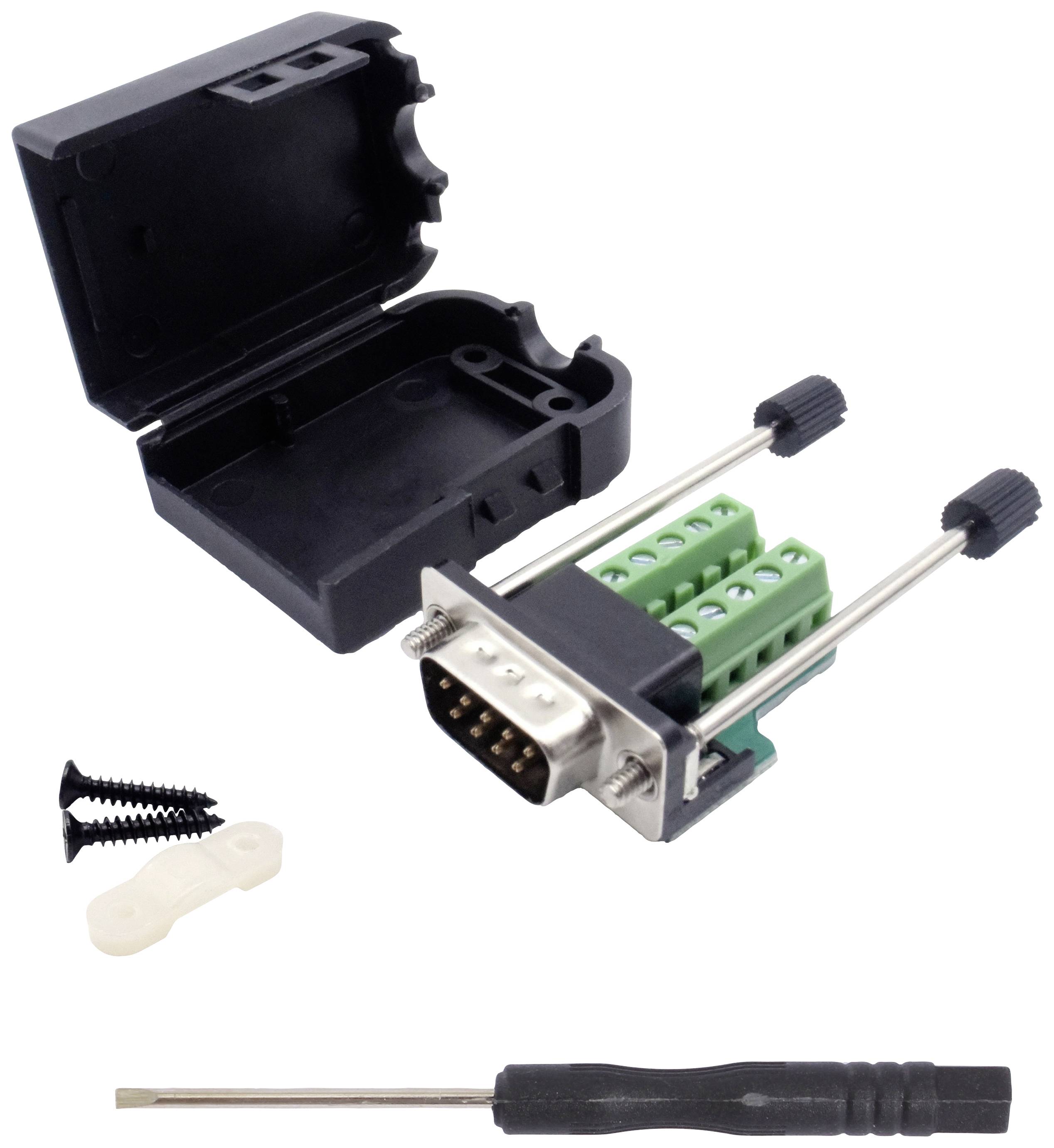 D-Sub-stik med hus, skruer og skruetrækker. Egnet til enkel kabelmontering. Skrueklemmer som tilslutning.