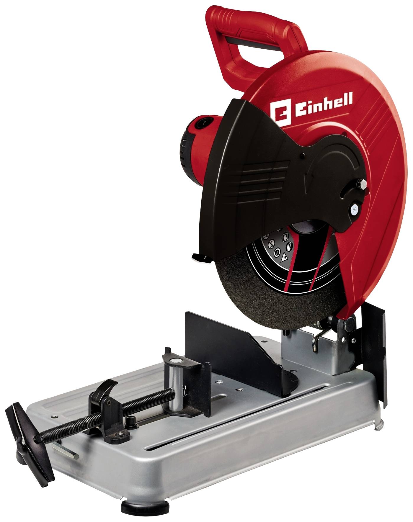 Einhell metalsavmaskine med rødt karosseri og skærebeskyttelseselement, monteret på en robust metalstander.