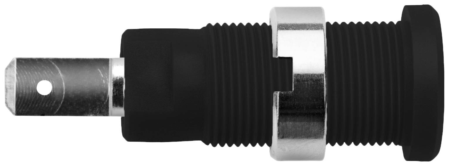 En bøsning set fra siden, med et sort, riflet hus og en sølvfarvet metalring til fastgørelse. Egnet til elektroniske enheder.