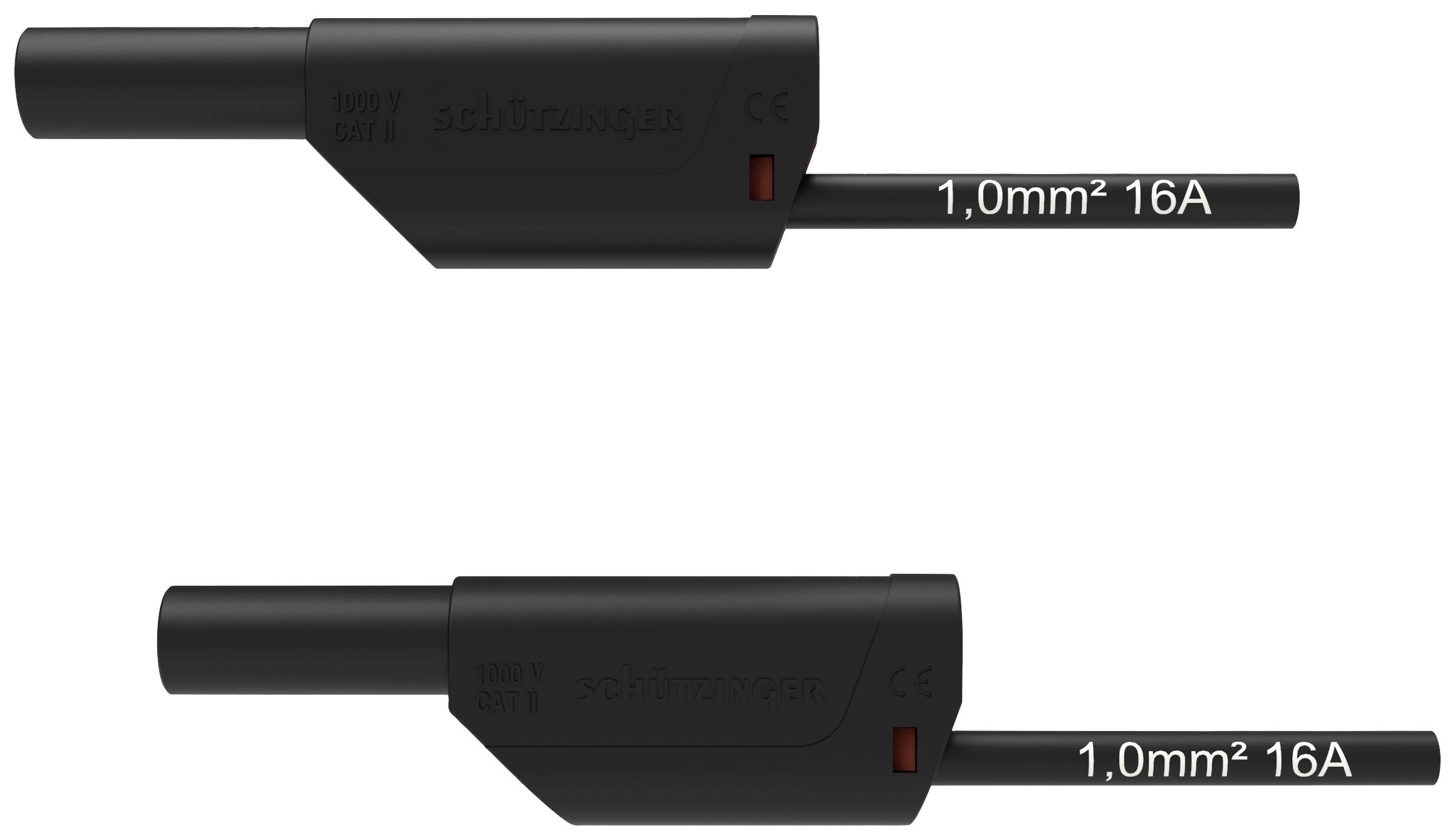 To Schwarze elektriske kabelstik med påskriften '1,0mm² 16A'. Det øverste stik viser en rød markering.