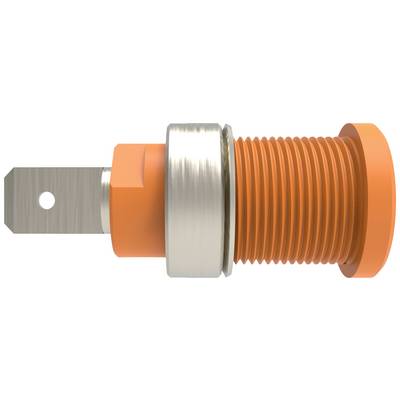 En orangefarvet, cylindrisk komponent med metalgevind og flange, formentlig en elektrisk tilslutning eller kontakt.