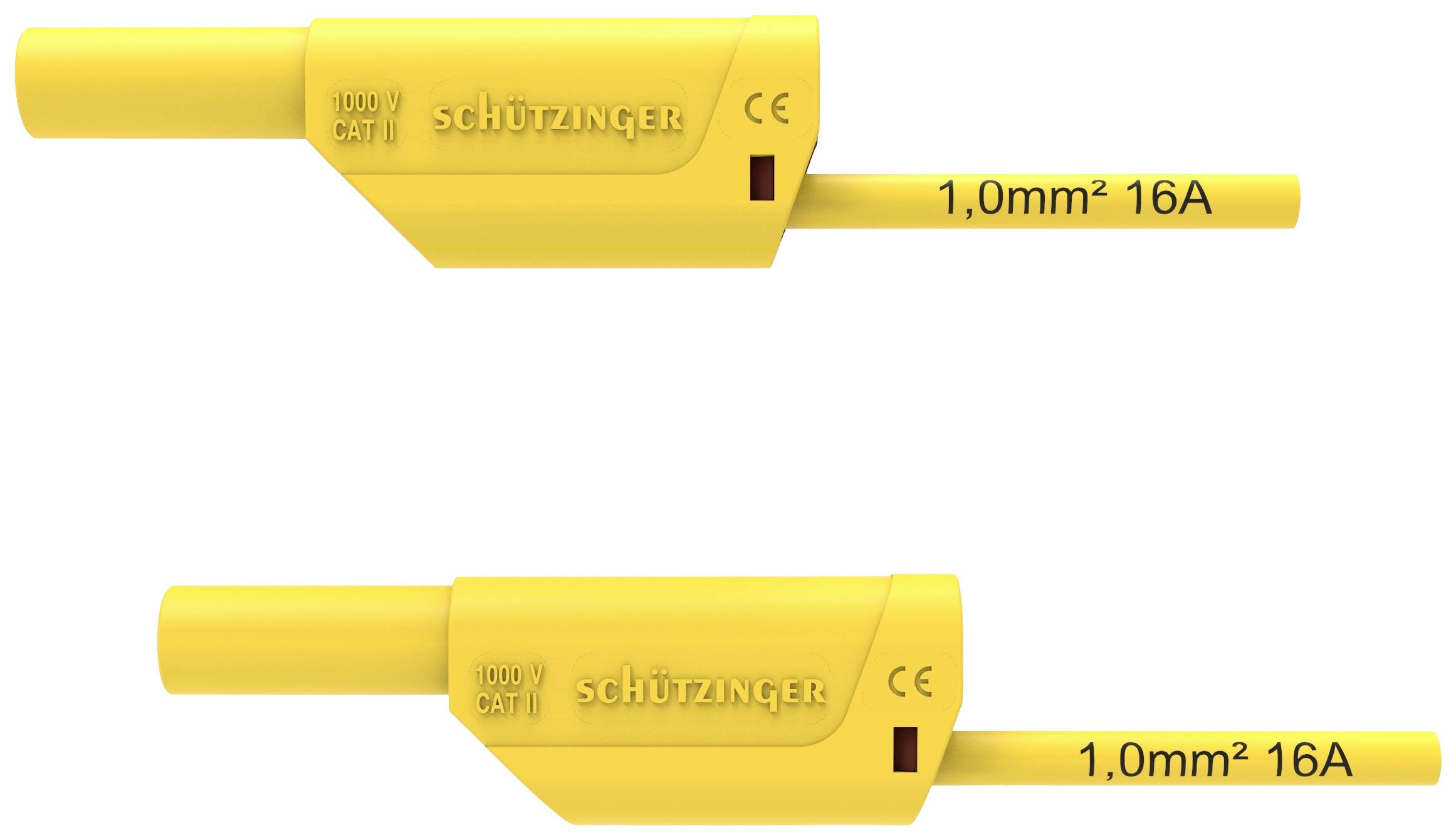 'Schützinger' måleadapter, gul, 1000V CAT II, 1,0mm², 16A. Øverst: Forbindelsesadapter; Nederst: Testadapter med samme design og specifikationer.