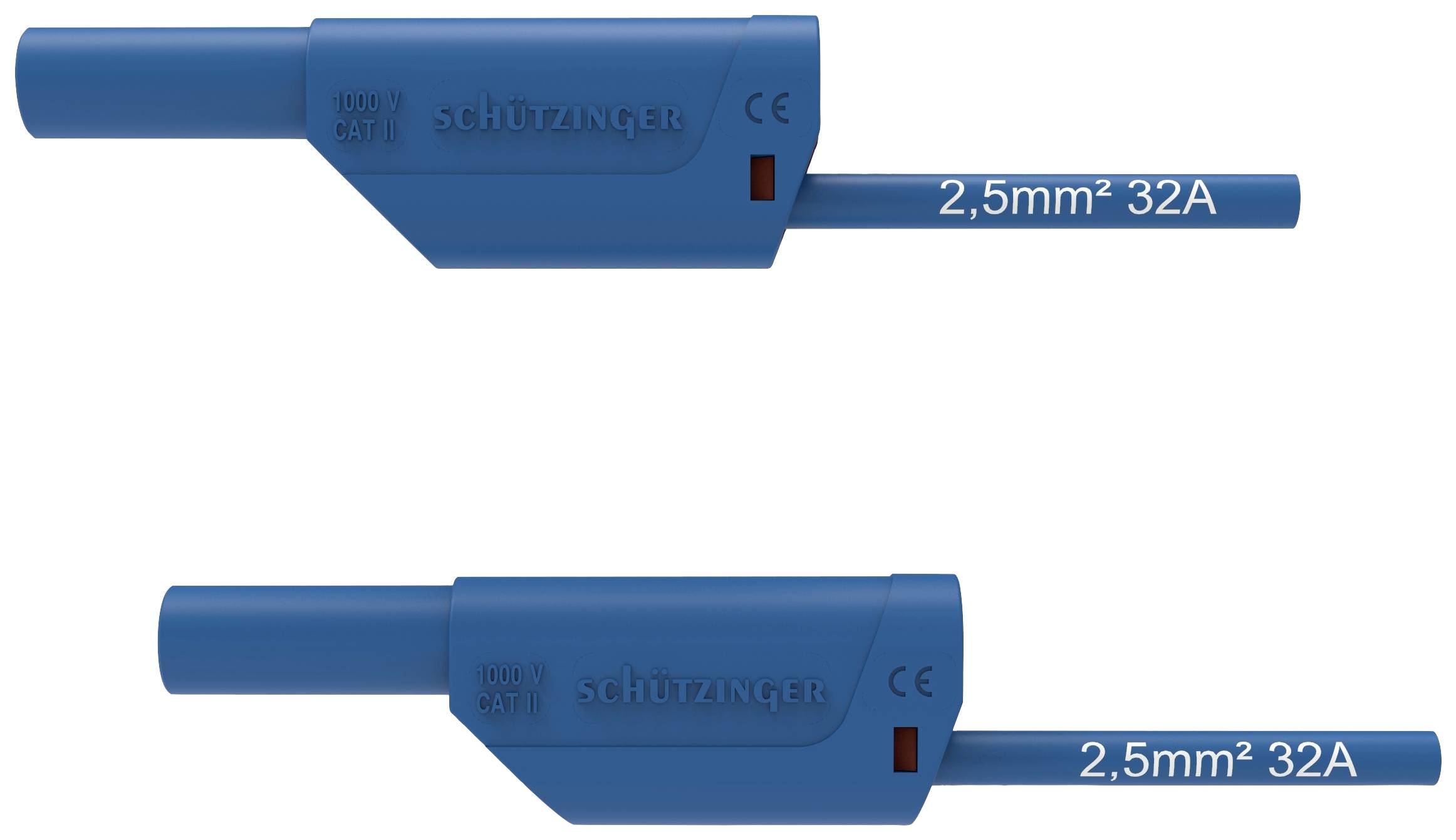 To elektroblå stikforbindelser placeret ved siden af hinanden. Begge er mærket med '2,5mm² 32A'.