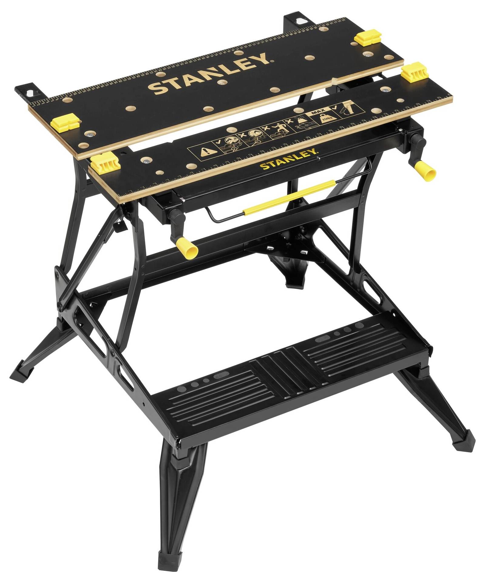 En sort Stanley-værkbordsbænk af metal og træ med gule komponenter, med stabil base. Perfekt til gør-det-selv-projekter.