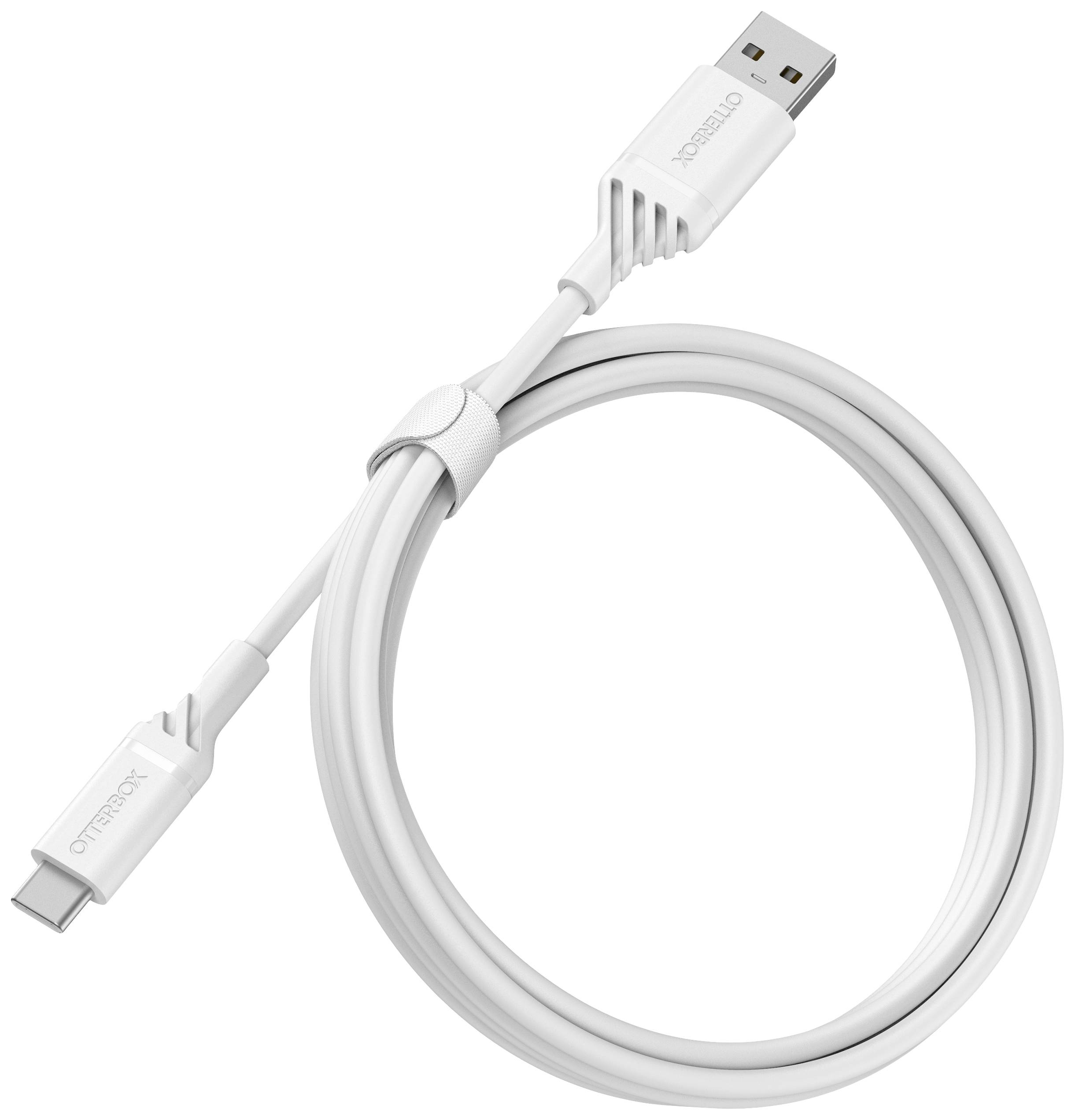 Et hvidt USB-kabel med USB-A- og USB-C-stik, oprullet og sikret med et velcrobånd.