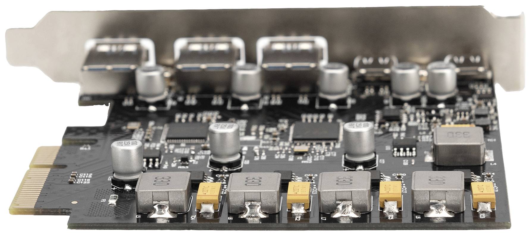 Et udvidelseskort til computer med flere USB-porte og elektroniske komponenter, som kan installeres i en pc.