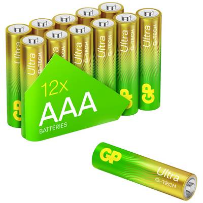 Reklamebillede af GP Ultra G-Tech: 12 AAA-batterier i pakken, plus et enkelt batteri i forgrunden.