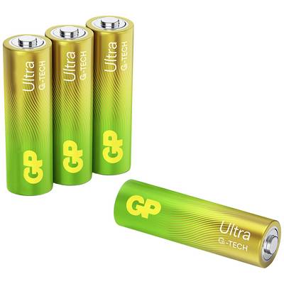 Fire GP Ultra G-TECH batterier på hvid baggrund, tre oprejst og en liggende.