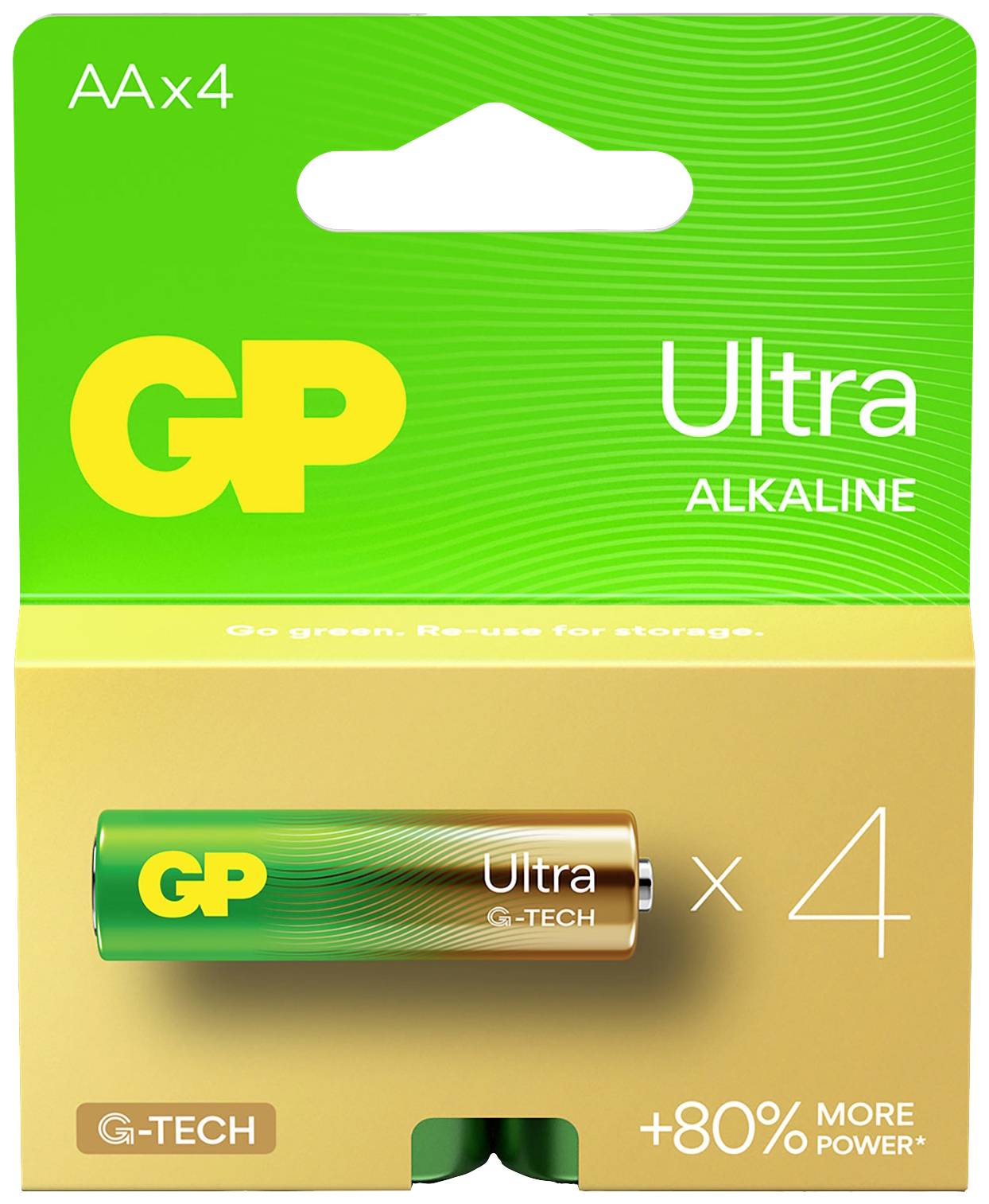 En pakke med fire AA-alkalibatterier fra mærket GP, fremhævet med 'Ultra' og 'G-TECH', lover 80% mere ydeevne.