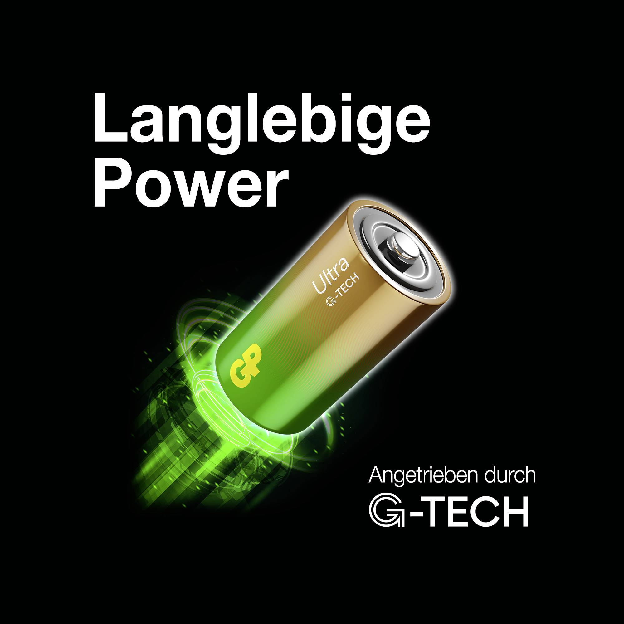 Reklameannonse med et batteri og teksten 'Langvarig kraft' samt 'Drevet af G-TECH'; grønt lysende energieffekter omkring batteriet.