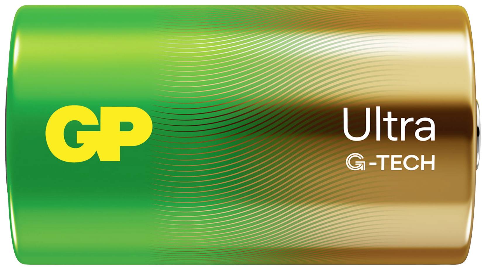 'Billede af et GP Ultra batteri med grøn-guldent design og påskriften Ultra G-TECH.'