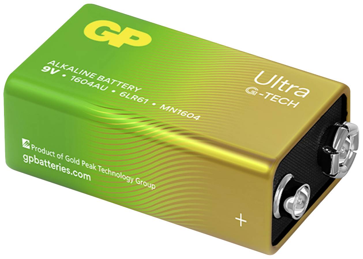 Alkalin-blokkabatteri GP Ultra G-Tech 9V med plus- og minuspol.