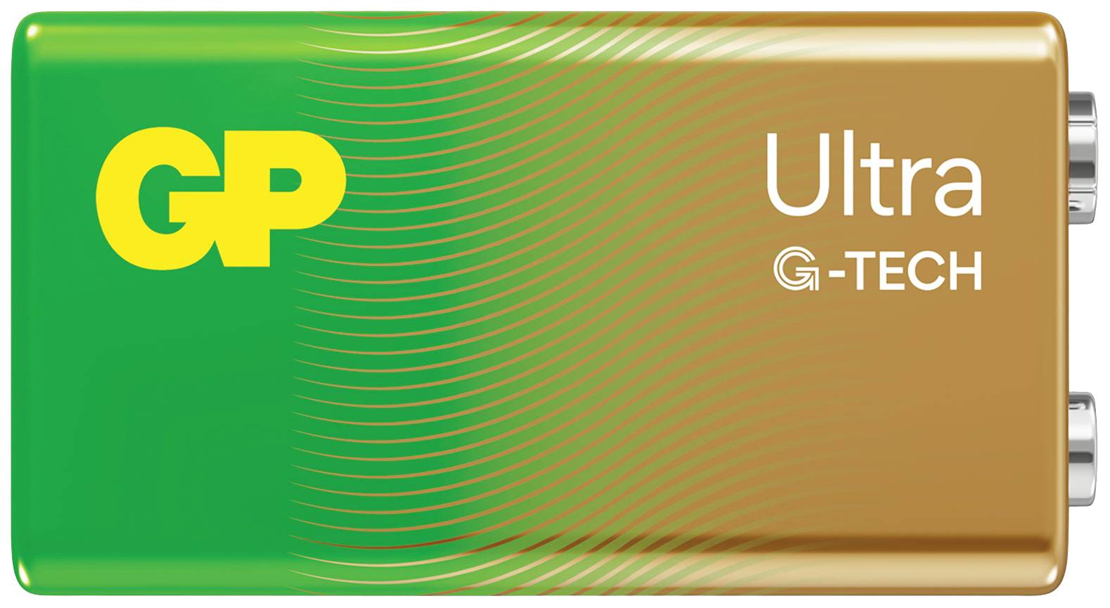 Rektangulært GP Ultra G-TECH batteri i grøn-guld med synlige plus- og minuspunkter.