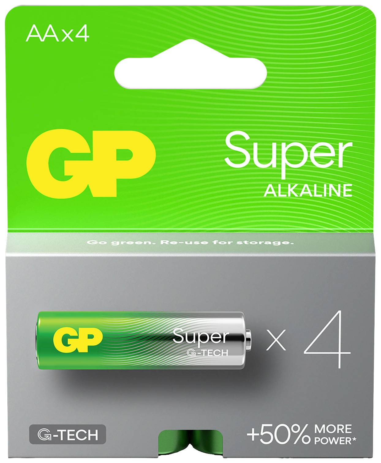 Emballage til to GP Super Alkaline-batterier, grøn-sølv, med tryk 'G-Tech' og angivelse 'Long lasting power'.