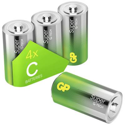 Reklamegrafik med 4 GP Super G-Tech C-batterier, delvis i en emballage med påtryk "4x C BATTERIER".