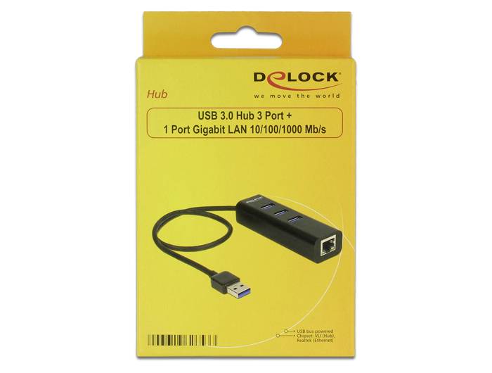 Emballage til en USB 3.0 hub med 3 porte og 1 Gigabit LAN-port. Mærke: Delock. Emballagefarve: Gul.