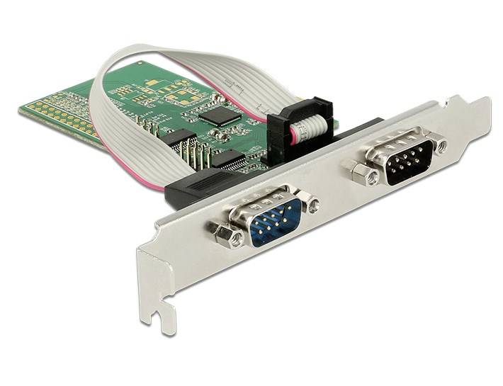 PCI Express interfacekort med to DB9-RS232 serielle porte og integreret fladkabel. Udvider forbindelsesmuligheder.