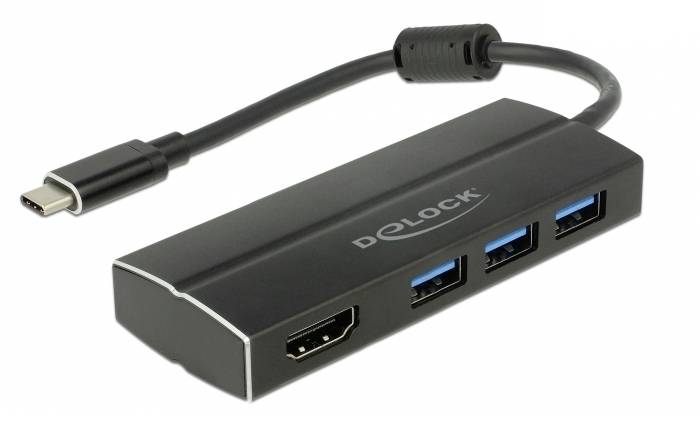 En USB-C-hub med tre USB 3.0-porte og en HDMI-port, kabel med en sort, fleksibel forbindelse.