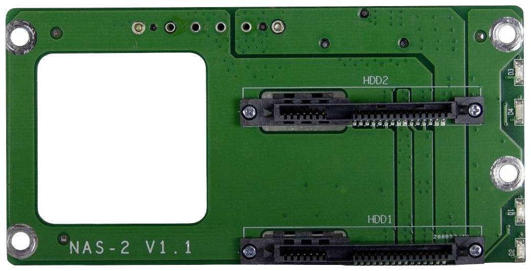 Grøn printplade med to sorte SATA-stik til harddiske, mærket med 'HDD1' og 'HDD2'. Til venstre er et stort rektangulært udskæring.