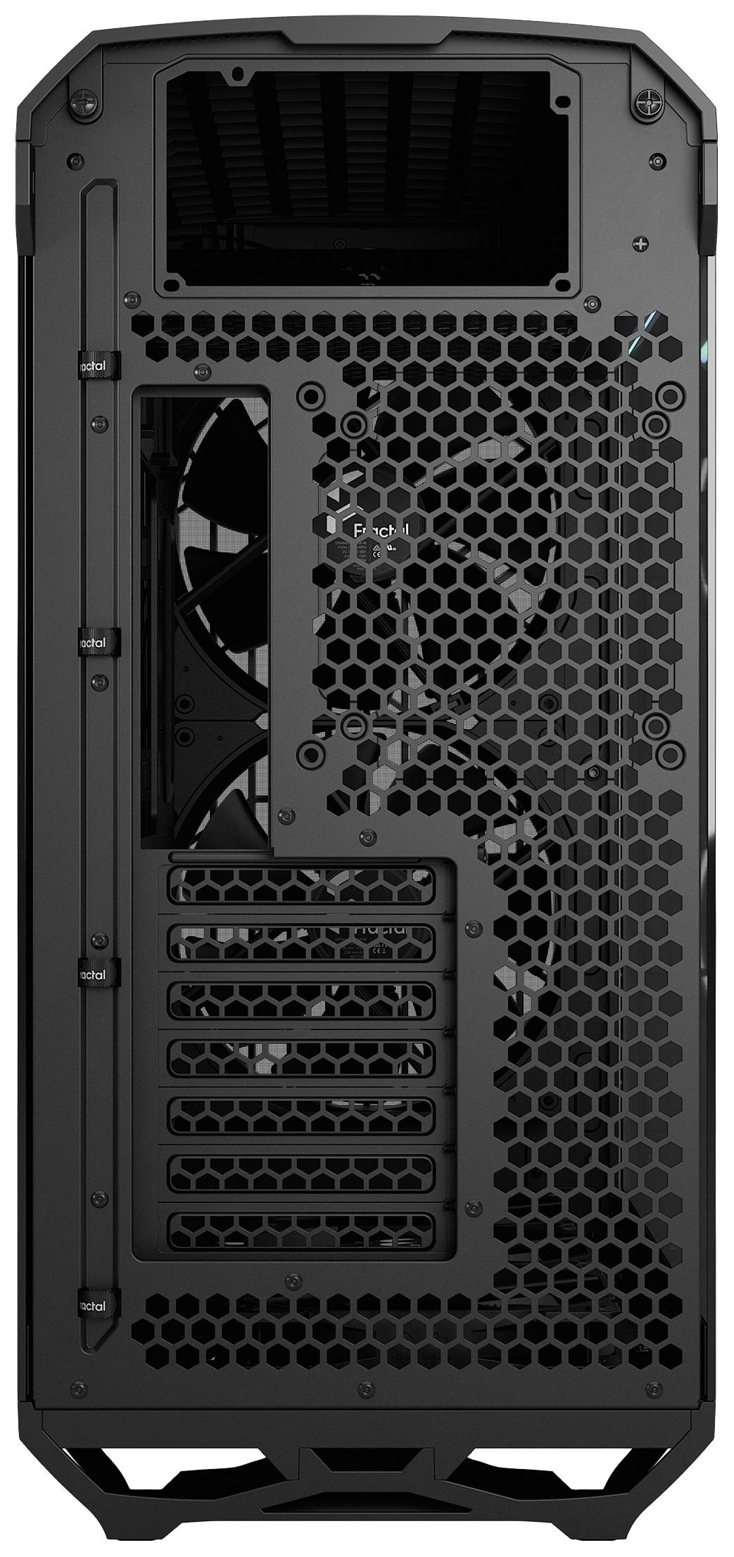Et sort computerkabinet med åben bagside viser flere ventilatorer og eksterne udvidelsesslots.