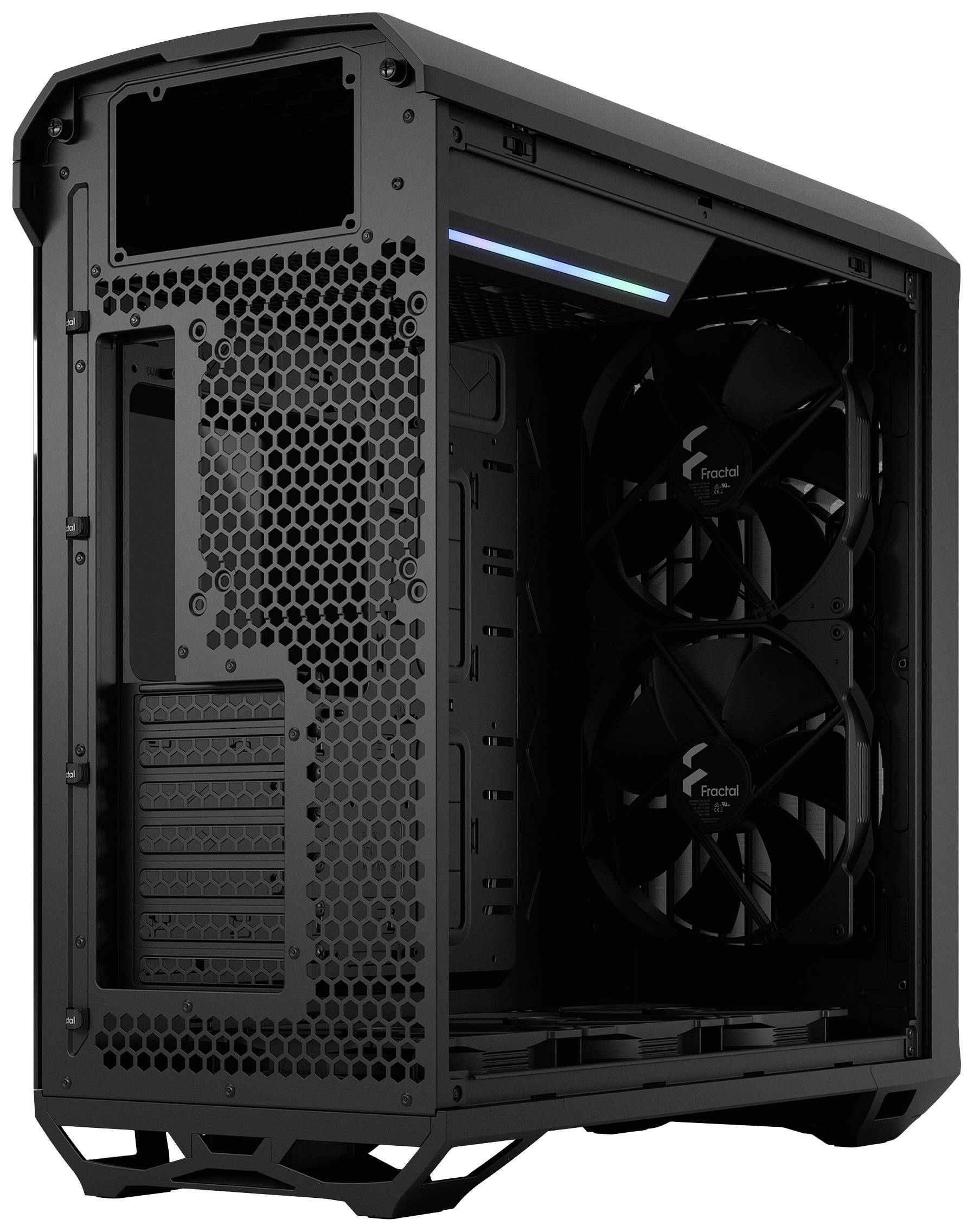 Sort PC-kabinet med sidelig ventilation og to store blæsere. Indvendigt er der plads til computerkomponenter.