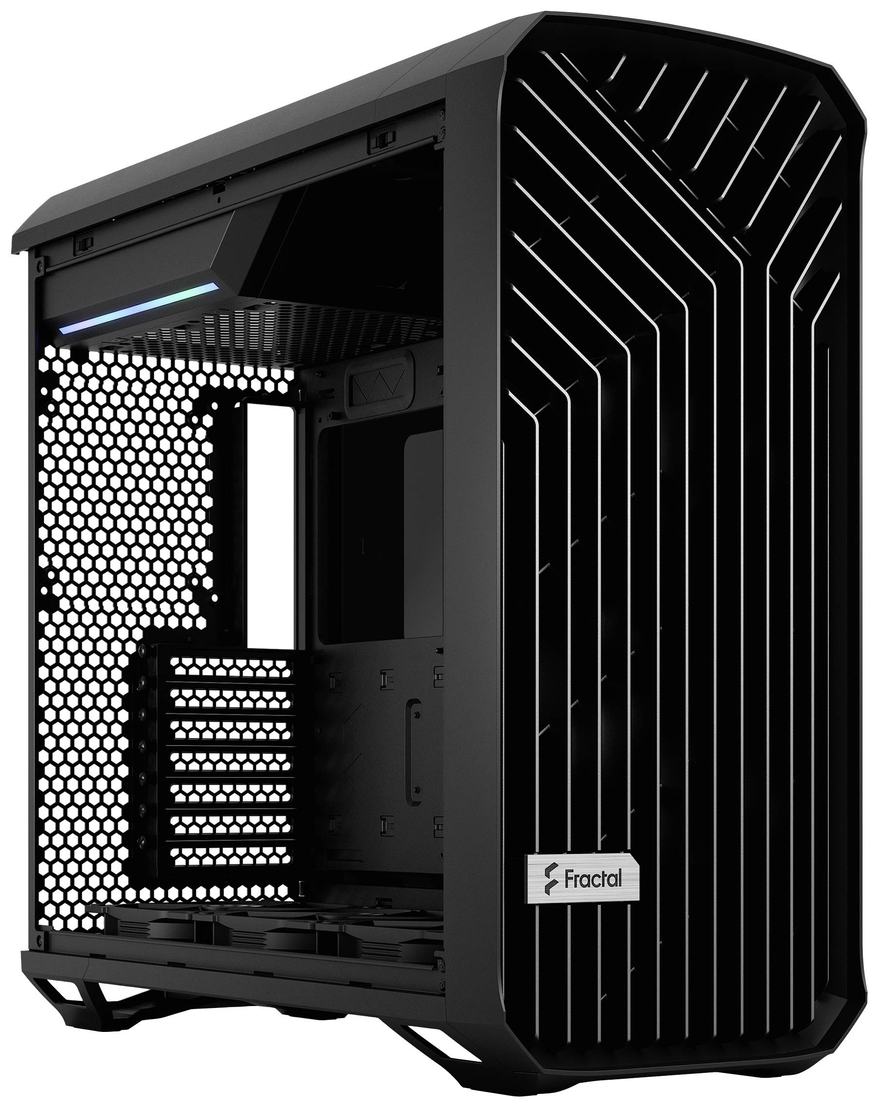 Sort, moderne computerkabinet med åbent design til forbedret ventilation og iøjnefaldende Fractal-logo på forsiden.