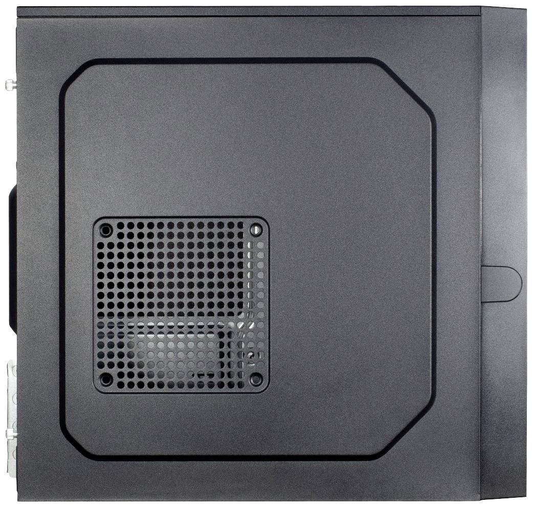 Grå computerkabinet-sidepanel med ventilationsgitter i midten, som sørger for ventilation af de interne komponenter.