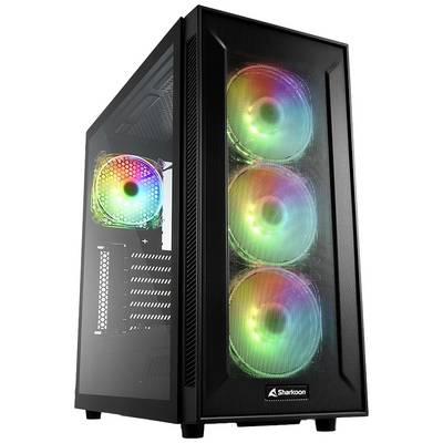 Et PC-kabinet med fire RGB-blæsere på for- og bagsiden. Blæserne lyser i flere farver.