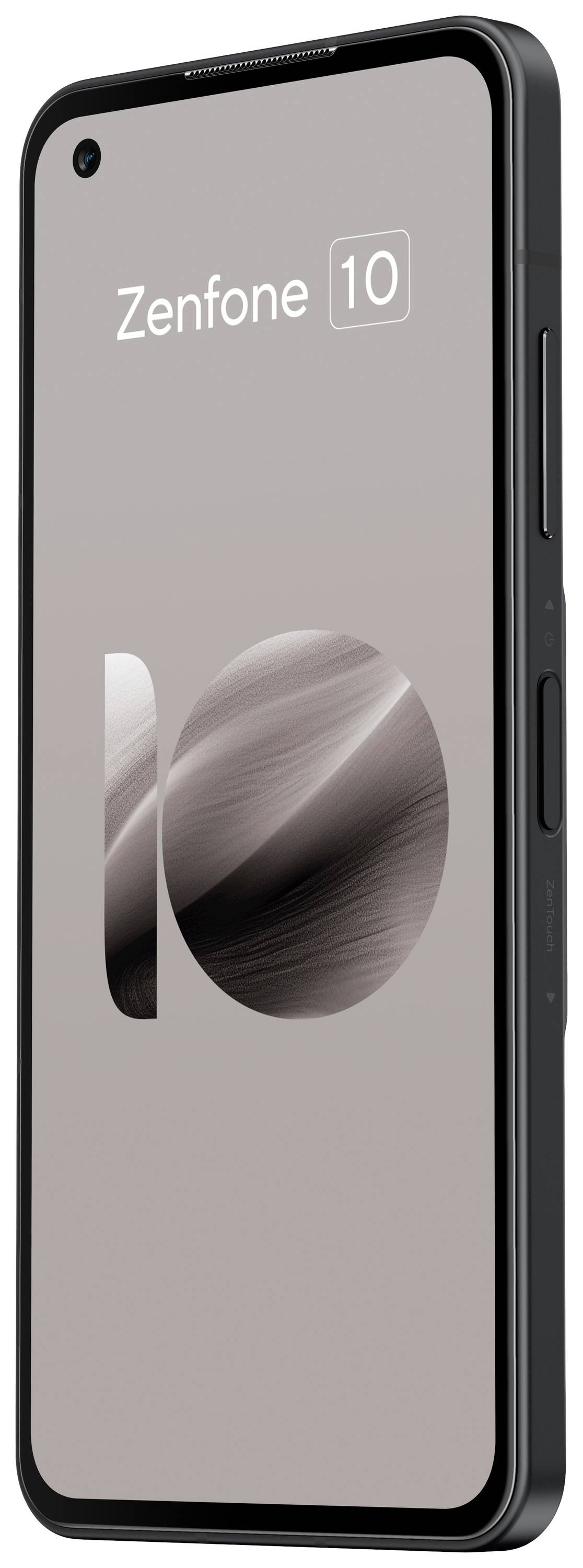 Smartphone set fra siden med slankt design. Skærmen viser teksten 'Zenfone 10' med et moderne grafisk mønster.