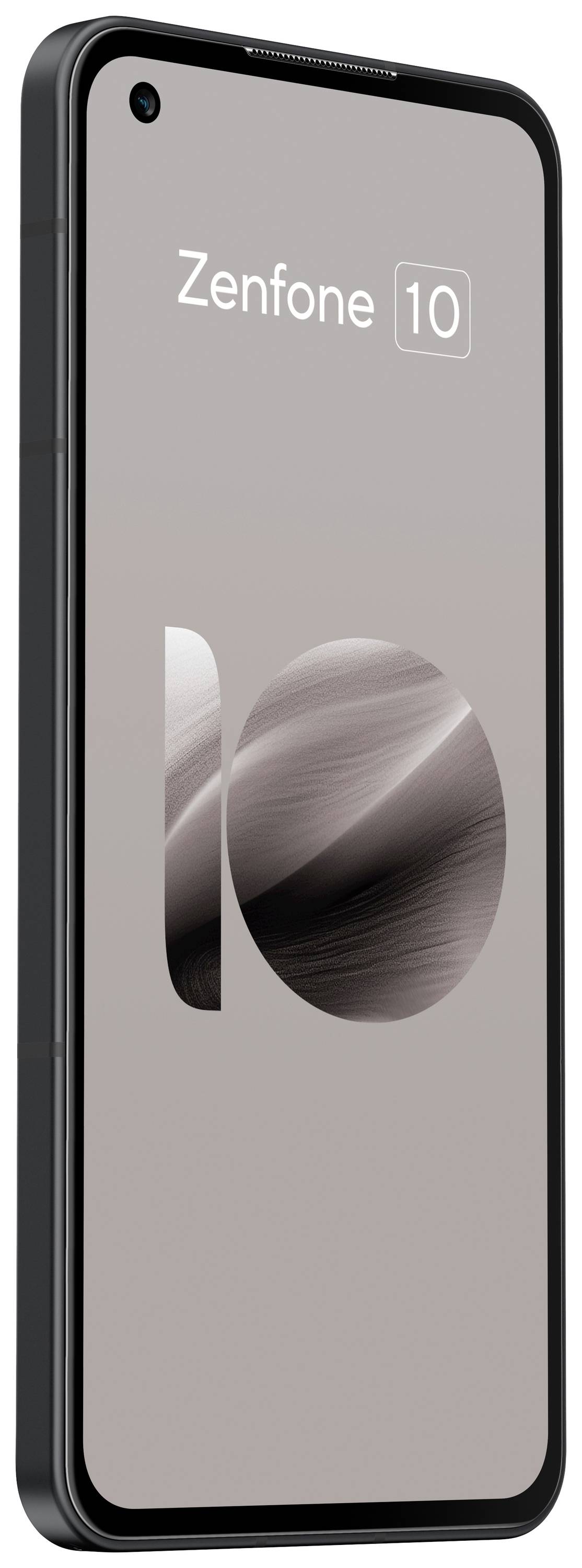 Smartphone med teksten 'Zenfone 10' på skærmen. Enheden har et frontkamera i øverste venstre hjørne.