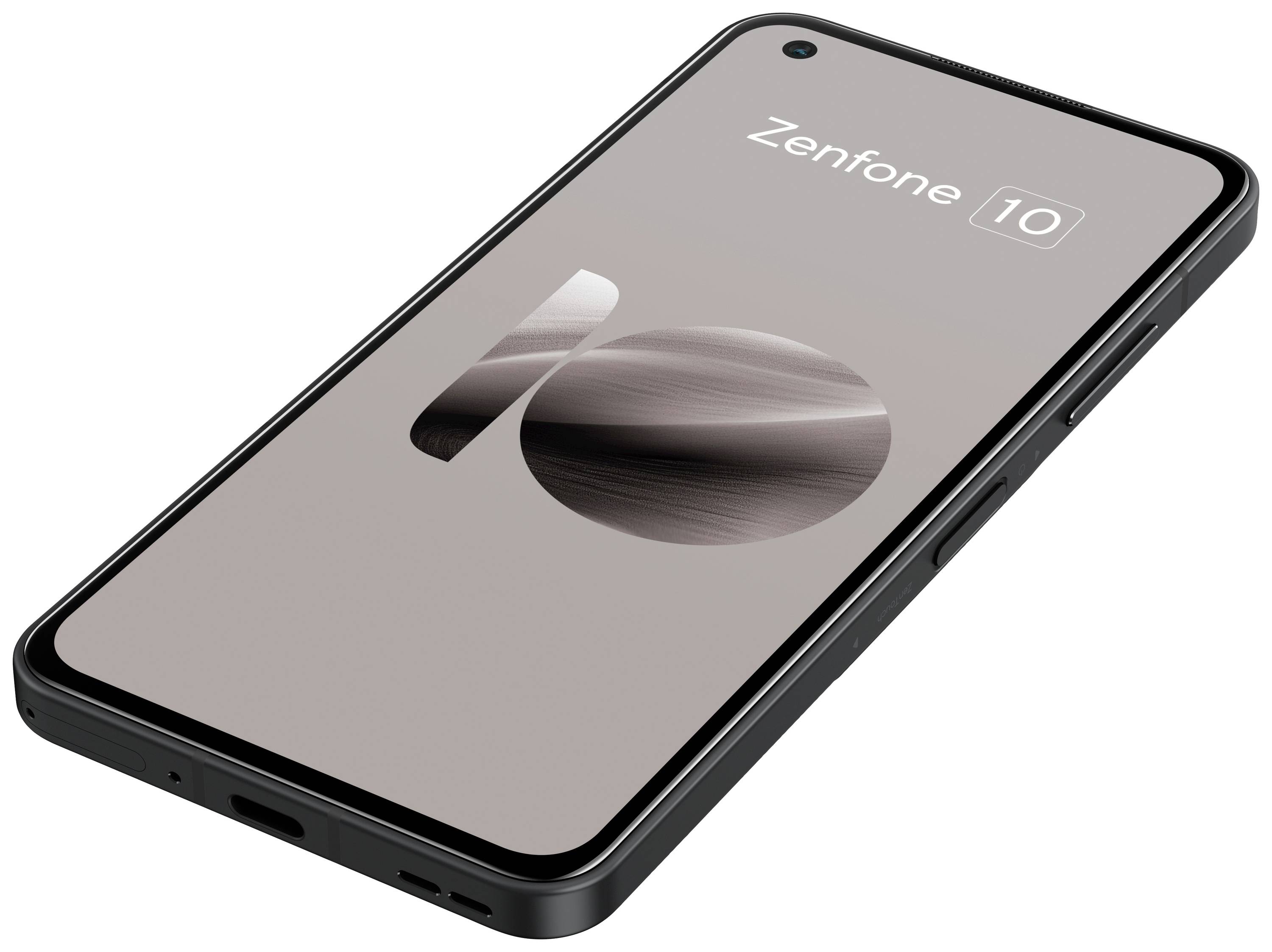 En smartphone med teksten 'Zenfone 10' på skærmen, set skråt fra siden.